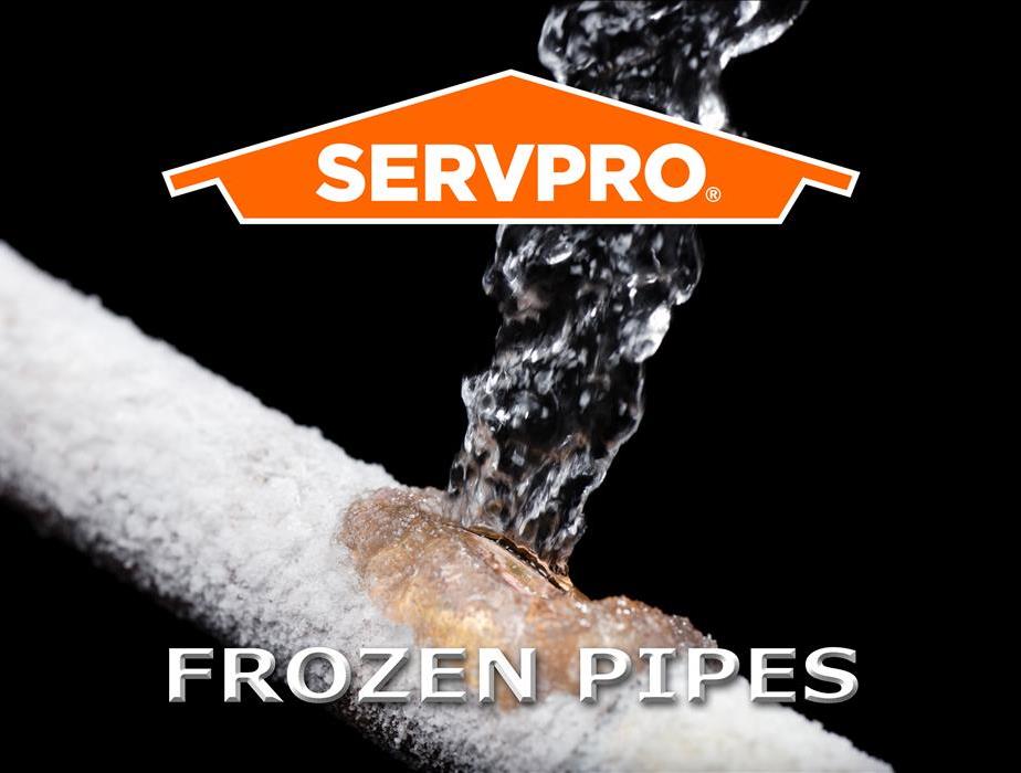 A frozen pipe that burst in freezing tempuratures with the SERVPRO Logo and the words "Frozen Pipes